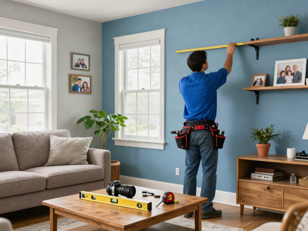 A handyman measuring for new shelves, showcasing home repair services Des Moines Iowa in a bright living room.