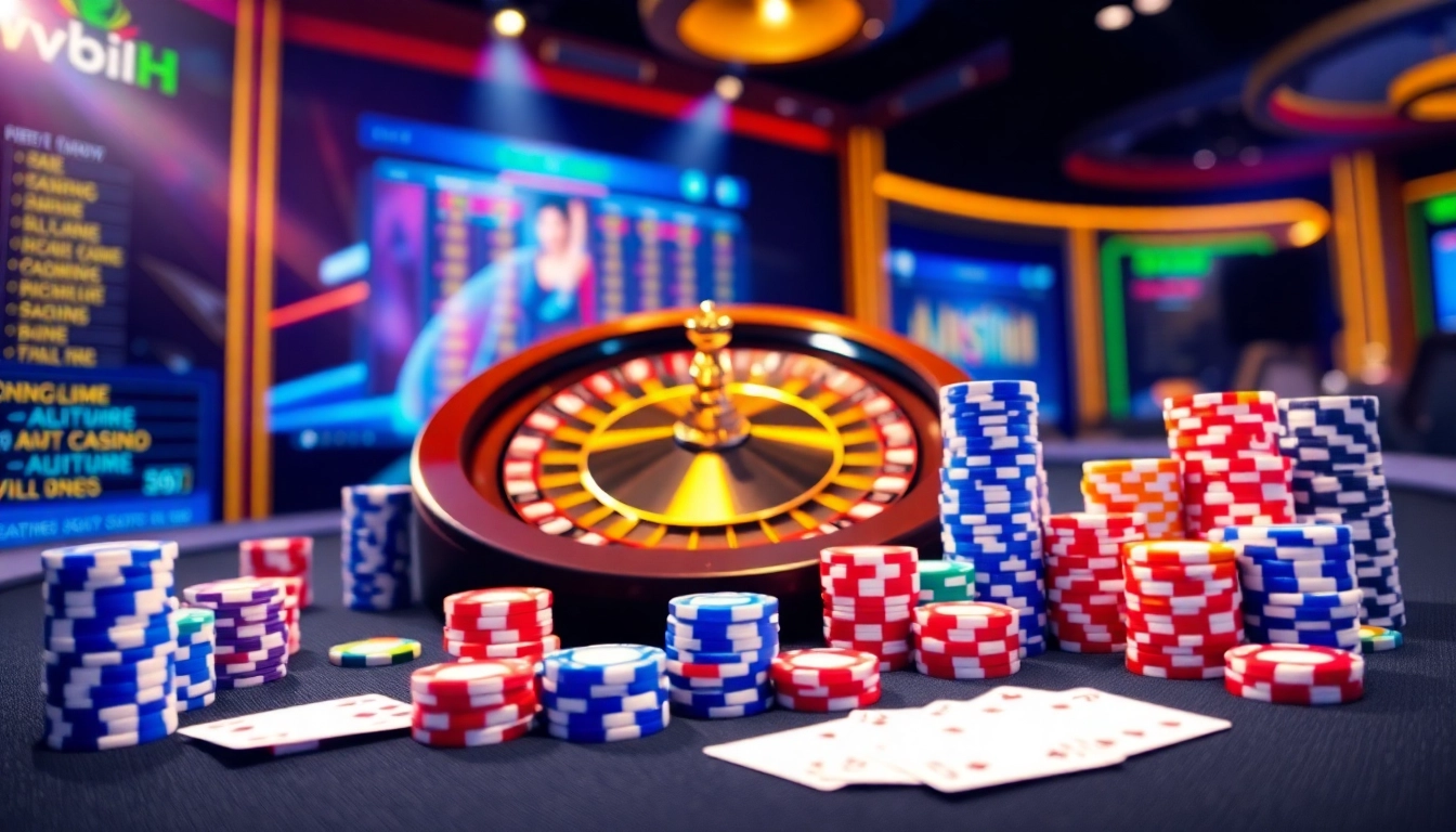 Engaging casino scene with online gambling elements at http://ww88h.com/, featuring roulette and poker.