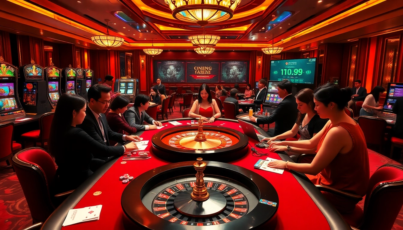 Experience the thrill of nhà cái k9k9 as players engage at a luxurious casino table with vibrant games.