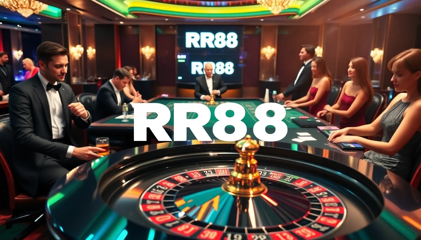 RR88 casino scene with players at a roulette table, vibrant colors, engaging atmosphere.