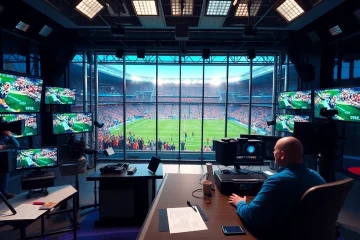 Engaging scene of sports broadcasting studio with anchor, screens, and fans, showcasing Sports Broadcasting.