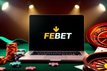 Login to FEBET with a vibrant casino scene showcasing poker chips and a betting interface.