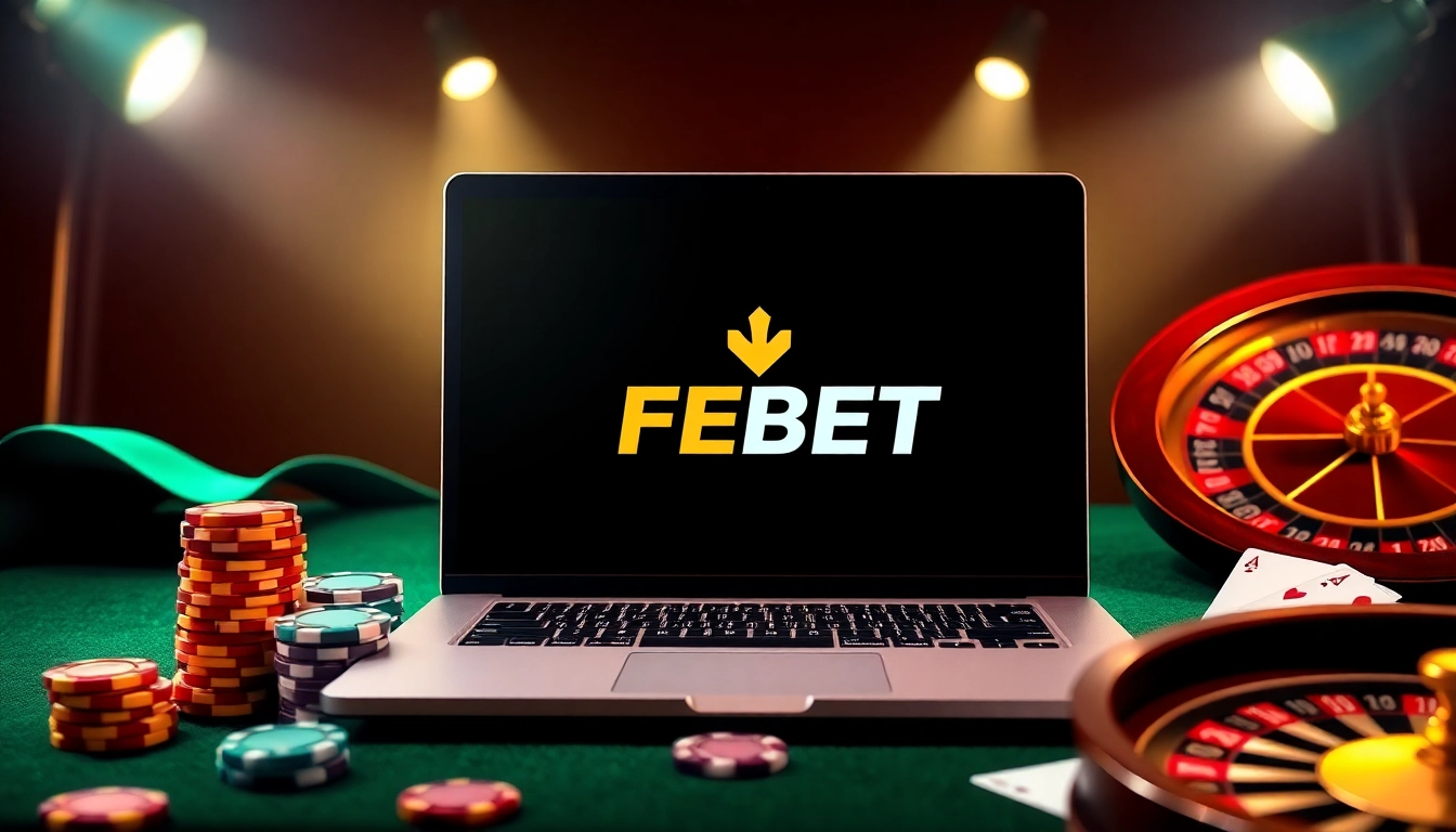 Login to FEBET with a vibrant casino scene showcasing poker chips and a betting interface.