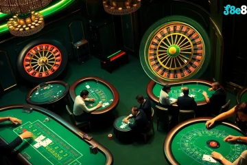 Excitement at f8bet com with players enjoying poker and roulette in a luxurious casino setting.