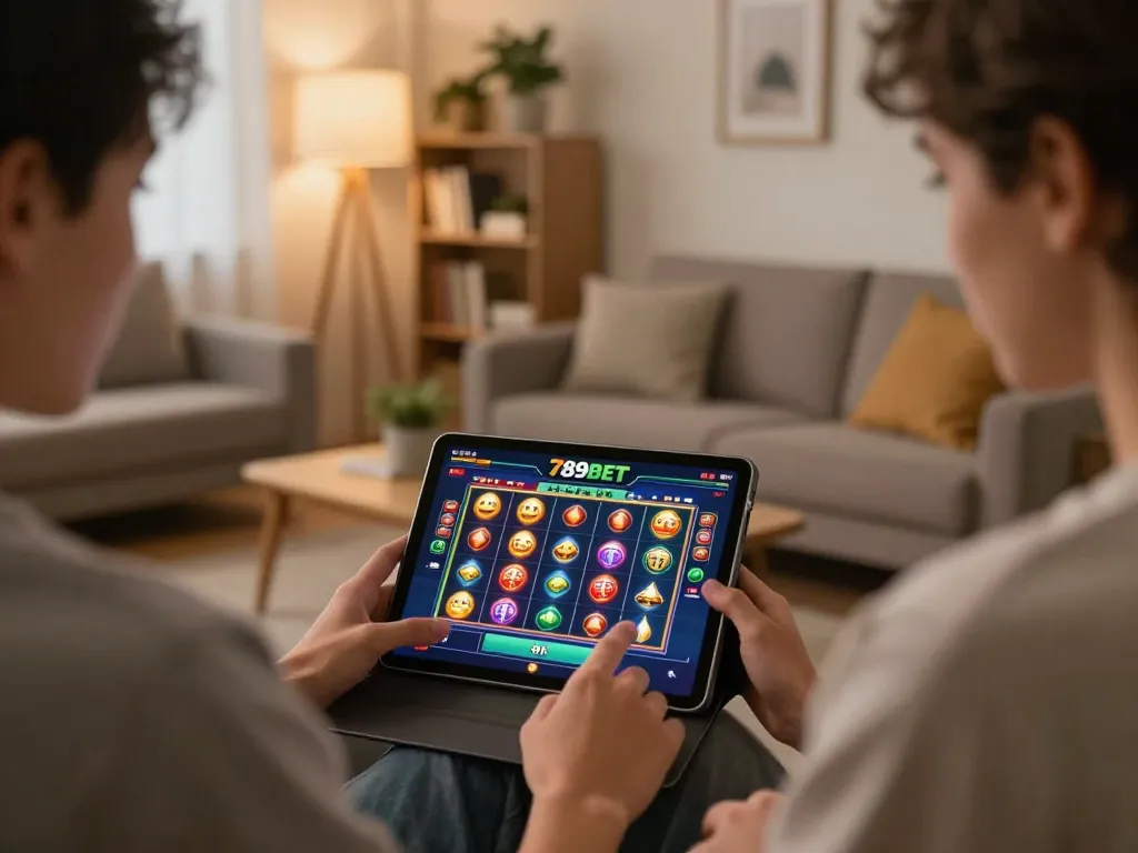 Engaging with the 789BET app for online gaming in a cozy home setting.