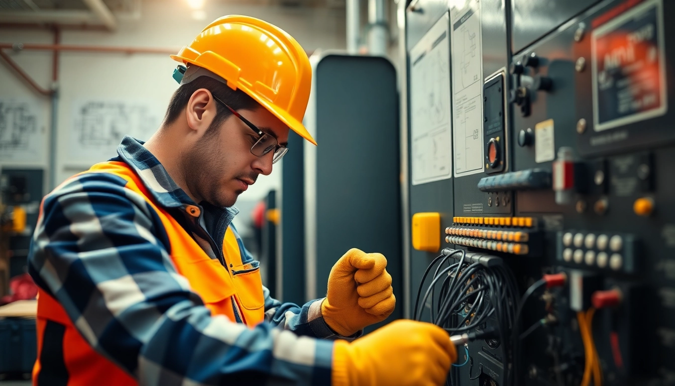 Engaged electrician apprentice working on electrical systems, showcasing skills in a modern workshop.