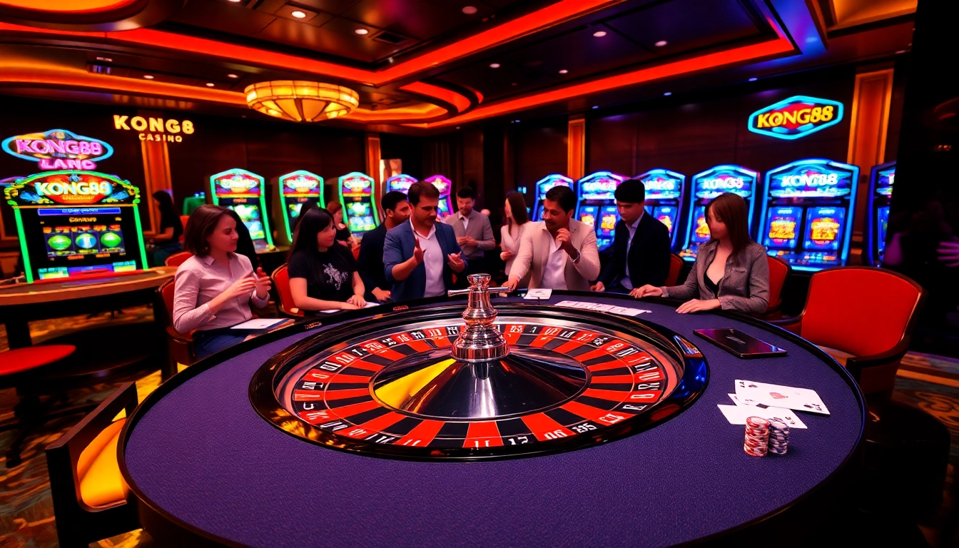 KONG88 players betting at a luxurious casino table with vibrant chips and engaging roulette.