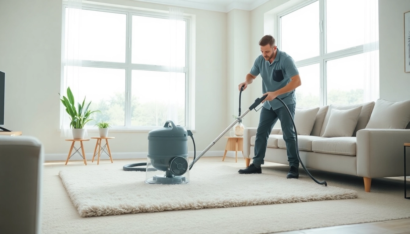 Experience carpet cleaning specials featuring a technician in action in a bright living room.