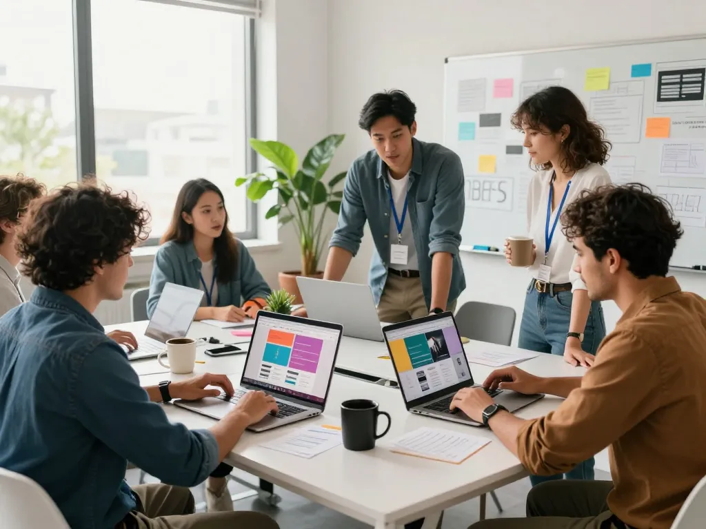 Hire web designer collaborating in a modern office workspace with laptops and creative designs.