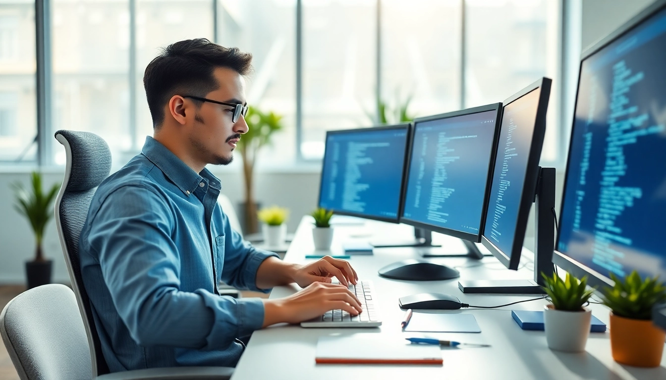 Efficient workspace at a typing center showcasing multiple monitors and focused typist.