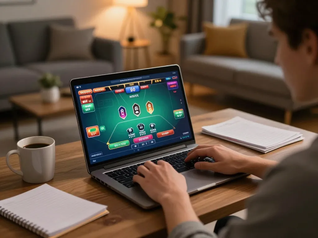 Player engaging in TG88 online casino gameplay with focused strategy in a cozy home environment