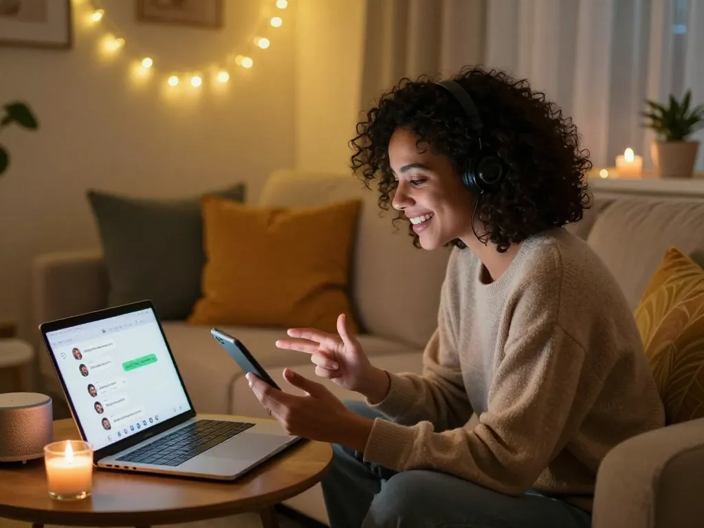 Engaging in free AI sex chat on a tablet in a cozy home environment with soft lighting and intimate decor.