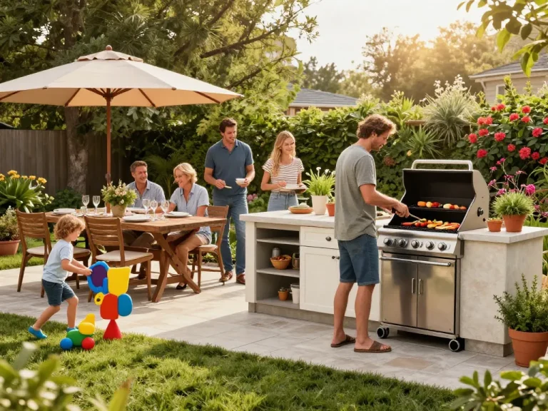 Outdoor living configurator scene with family enjoying vibrant backyard kitchen space.