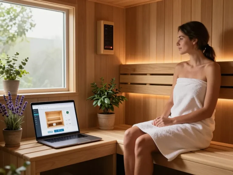 Relaxing sauna room designed with a sauna 3D configurator, showcasing natural wood, ambient lighting, and serene atmosphere.
