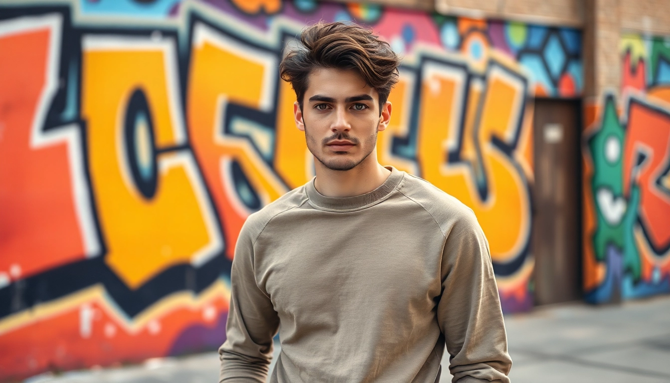 Showcasing a trendy blank crewneck worn by a model against vibrant street art, exuding style.
