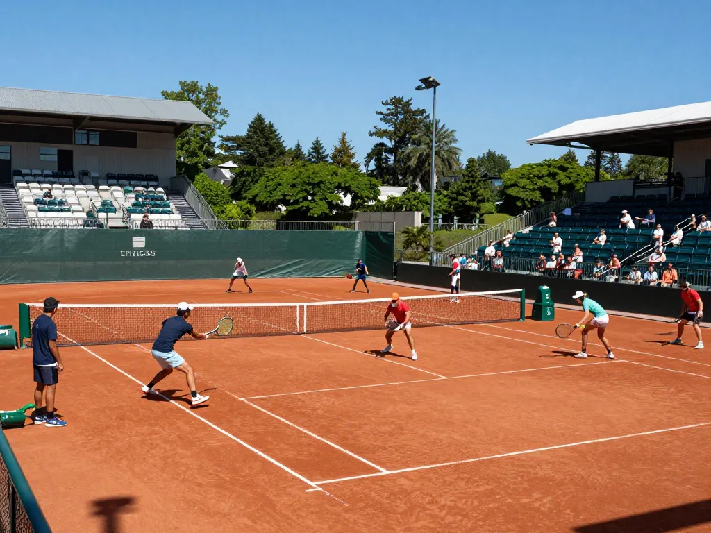 Players enjoying a competitive match on a HybridClay tennis court, showcasing its natural feel and eco-friendly design.