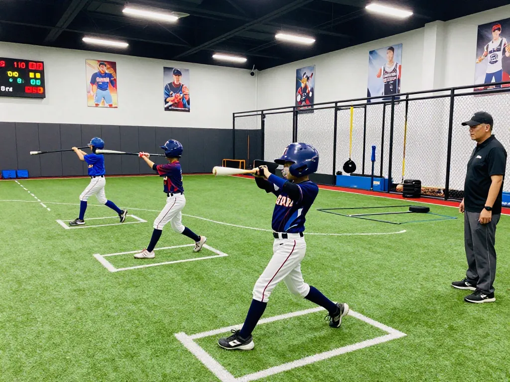 hitclub training session with young athletes practicing swings indoors