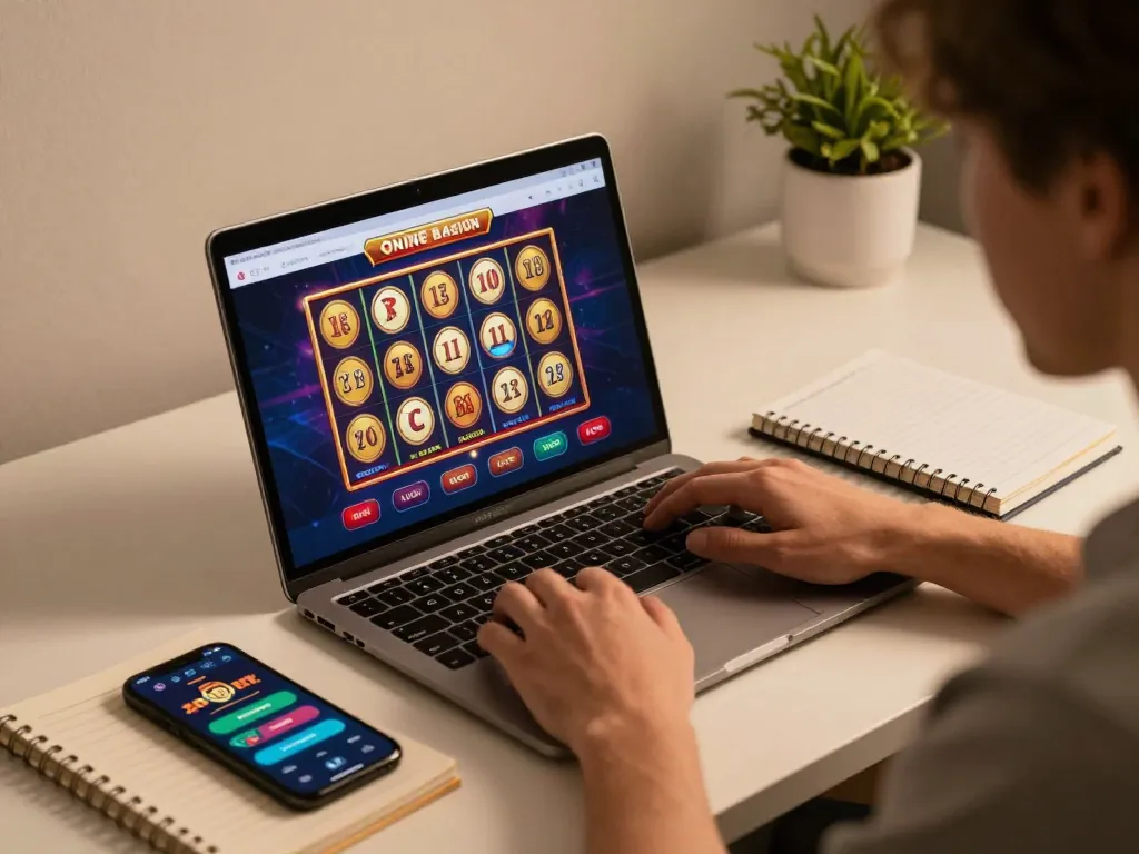 Engaging online gambling with mb668 on a stylish laptop, showcasing vibrant slot gameplay.
