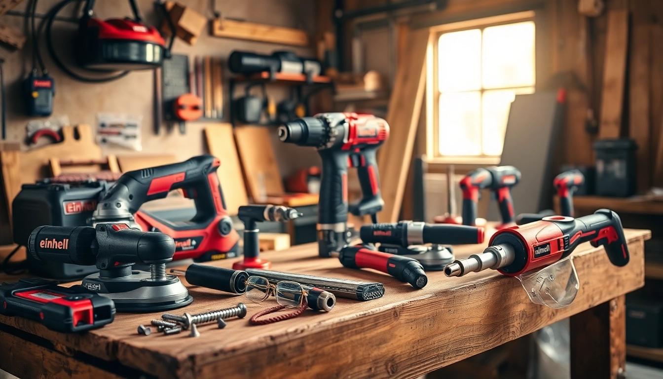 High-quality einhell tools displayed in a rustic workshop setting, showcasing craftsmanship and innovation.