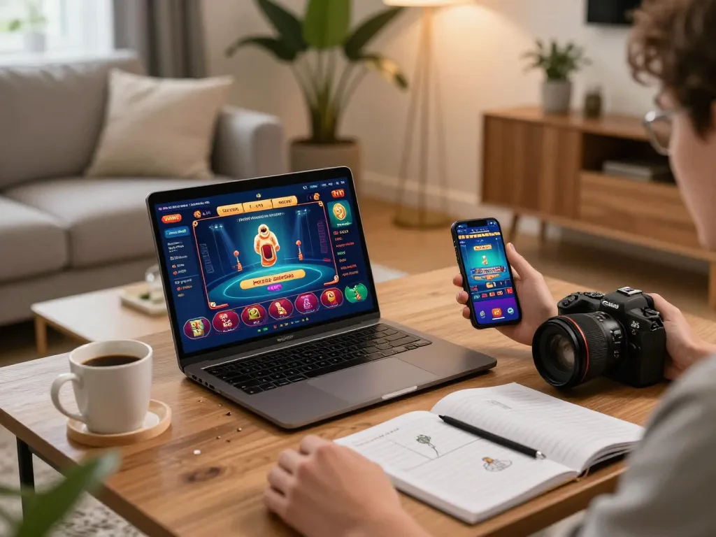 Engaging in online gaming at https://go88hv.com/ on laptop and smartphone in a cozy living room.