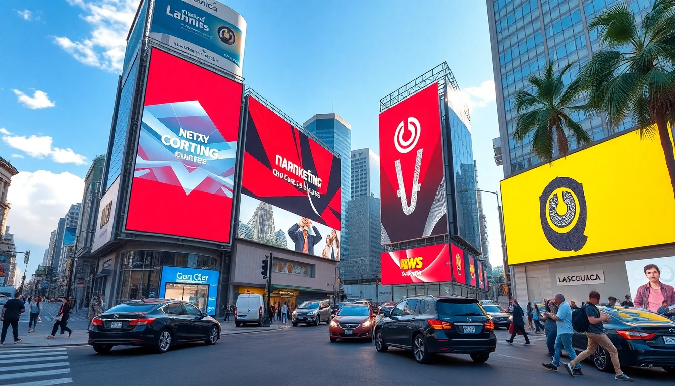 Escena dinámica de publicidad exterior por agencia de marketing digital en Guadalajara exhibiendo vallas impactantes en un entorno urbano vibrante.