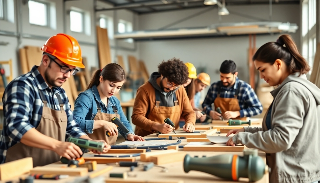 Engaged trainees participating in construction craft training, showcasing skill-building and collaboration.