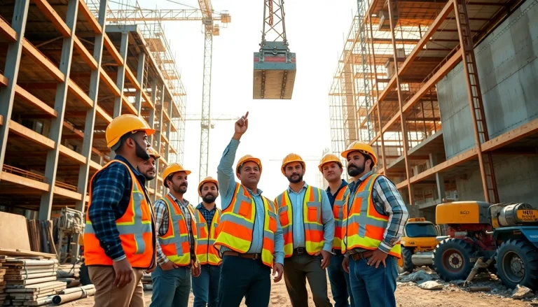 Construction career showcasing diverse workers collaborating on-site amidst machinery.