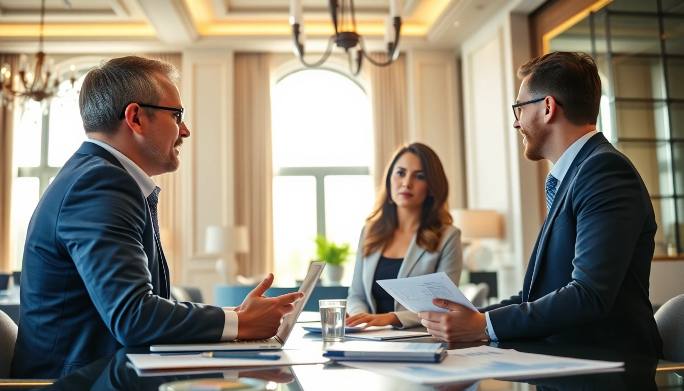 Engaging discussion on wealth management strategies in a modern office setting with financial advisor and clients.