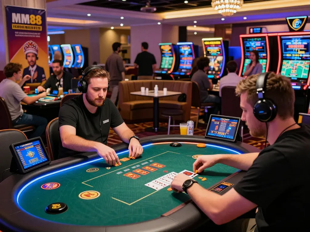 Players enjoying an exciting MM88 gaming experience in a vibrant casino environment