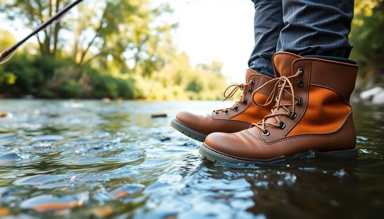A fly fishing enthusiast stands in a serene river while showcasing quality fly fishing boots.