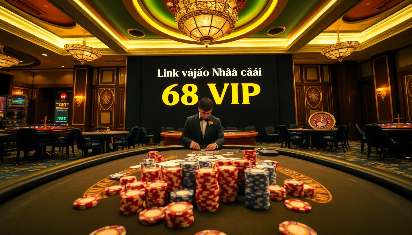 Engaging scene showcasing Link Vào Nhà Cái 68VIP with poker chips and a roulette wheel in a vibrant casino atmosphere.