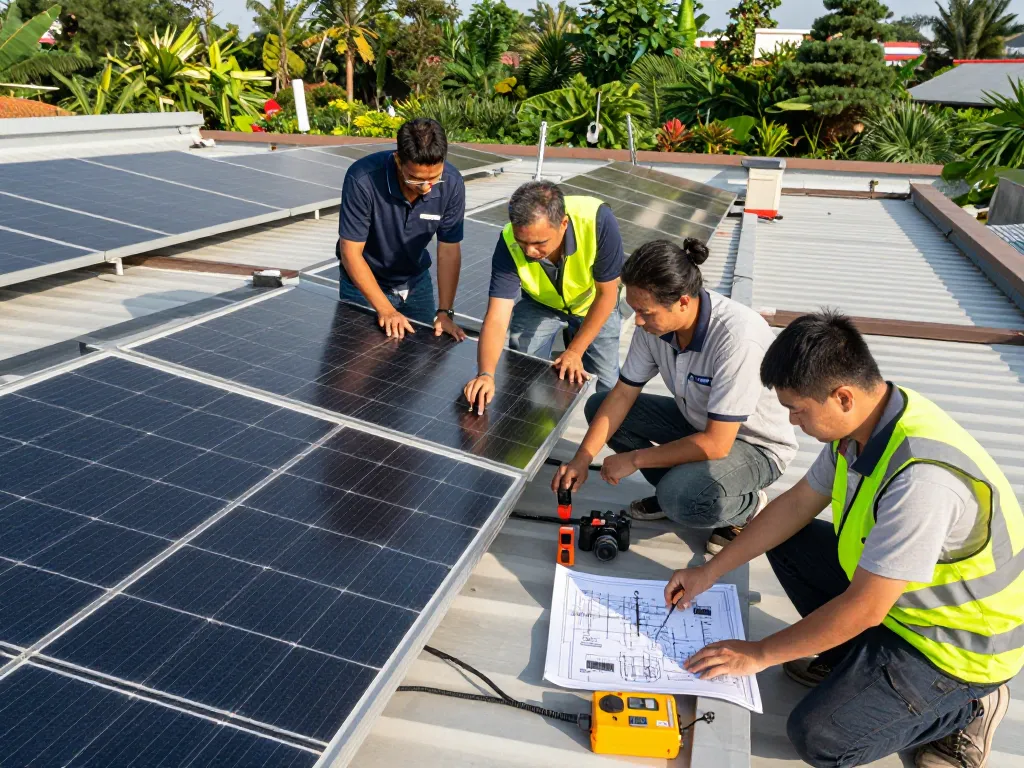 Technologie TOPCon ve fotovoltaice showcased during solar panel installation with a team of technicians and bright sunlight