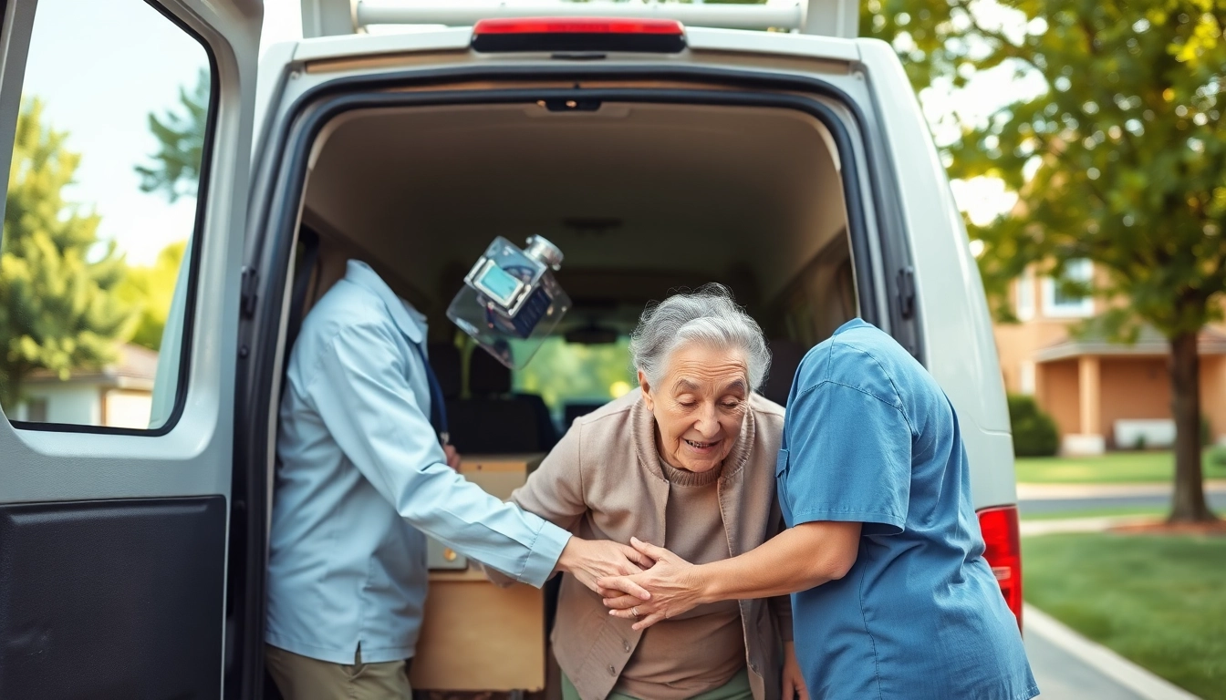 Elderly transportation services featuring a caregiver assisting an elderly woman with a specialized van.