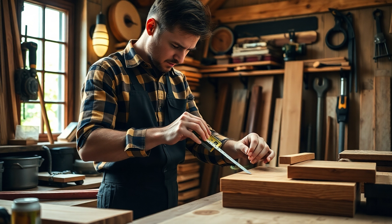 Carpentry apprenticeship in action as a professional carpenter measures wood in a well-lit workshop.