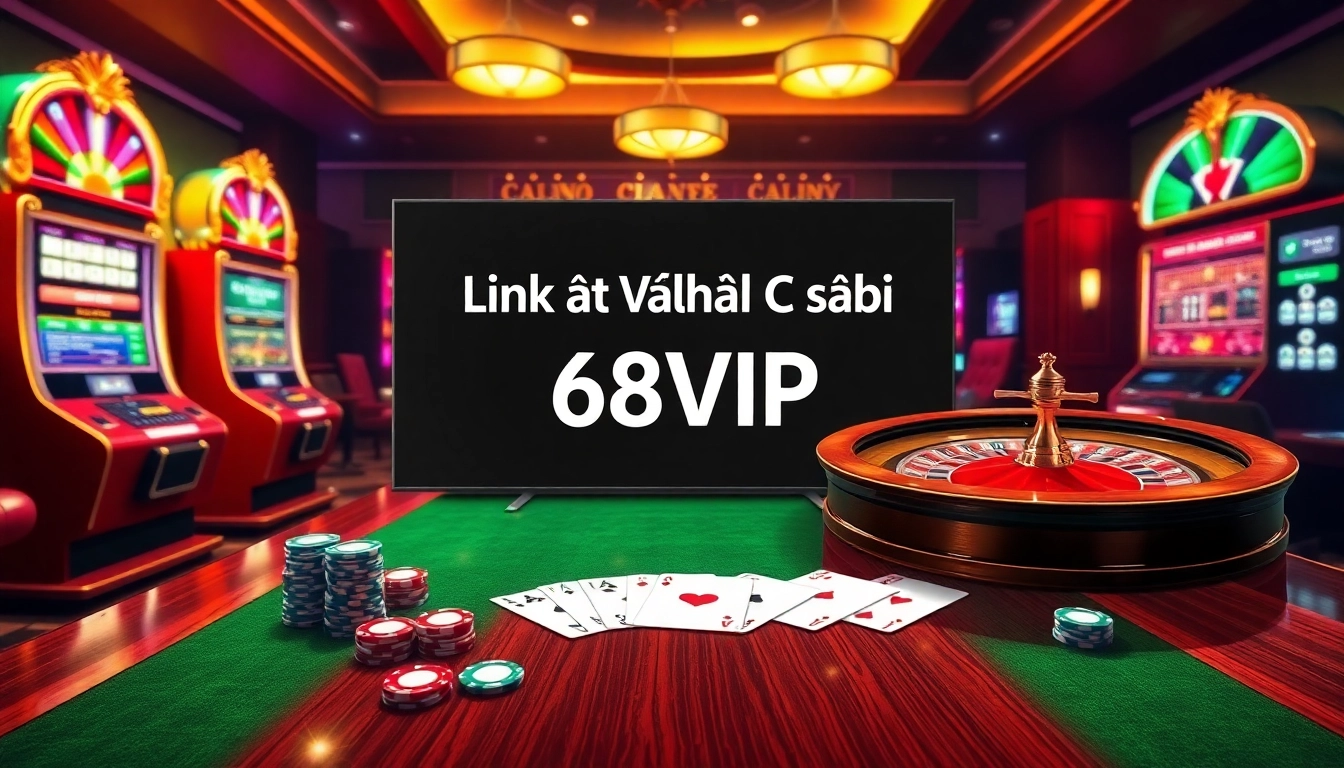 Experience the excitement of gambling with the Link Vào Nhà Cái 68VIP showcased on a luxurious casino interface filled with slot machines and poker elements.