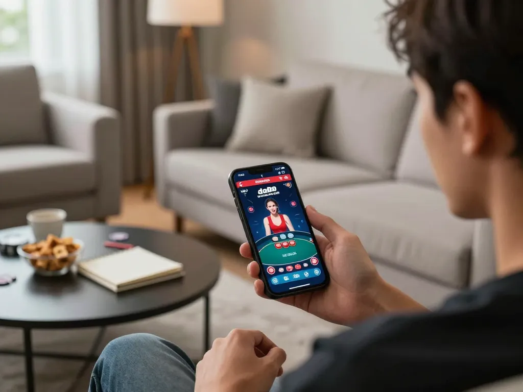 Cổng game da88 showcasing a player engaging in online poker gaming with a smartphone at home.