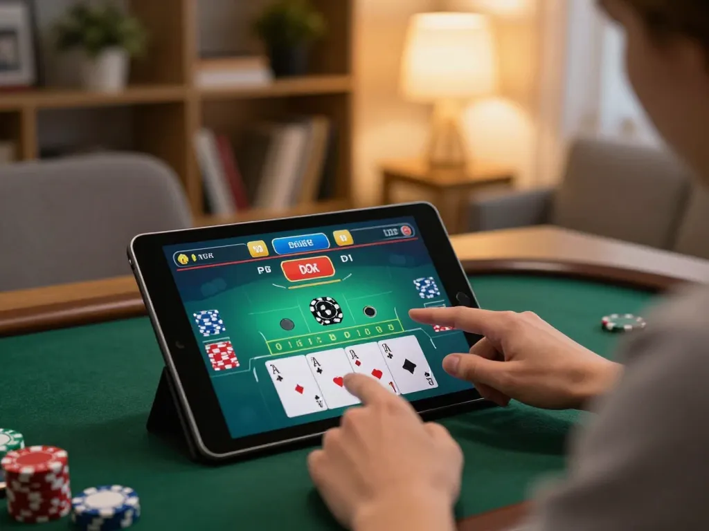 Cổng game lucky88 showcased through dynamic live dealer gameplay on a tablet at home, emphasizing strategic online entertainment.