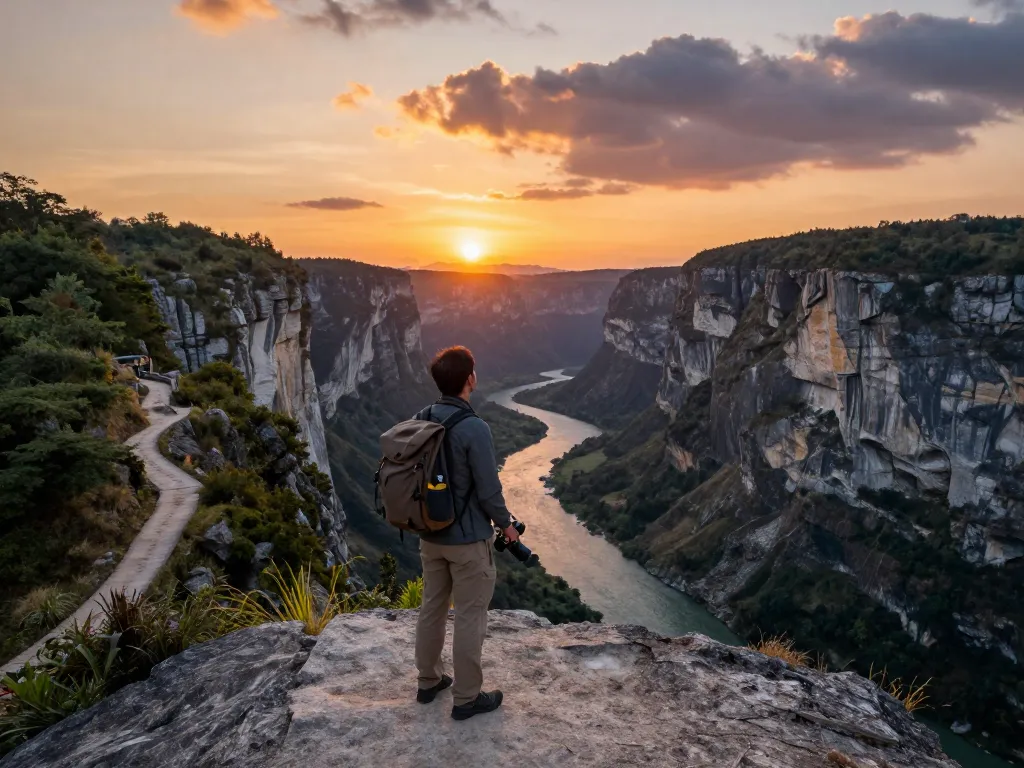 Stunning view of Taroko Gorge at sunset with traveler exploring the majestic cliffs.