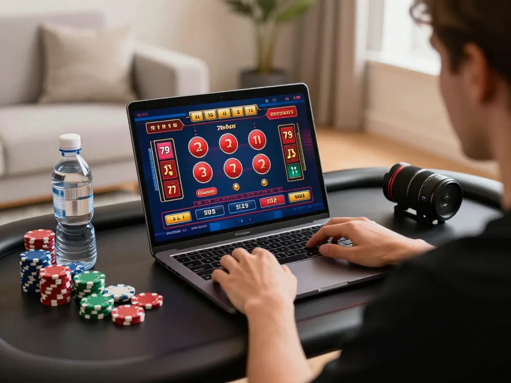 Engaged player exploring 79 số đỏ online game interface while managing chips in a cozy setting