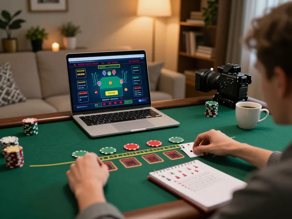 Luck8 player engaged in a live dealer blackjack game at home, showcasing an immersive online gambling experience.