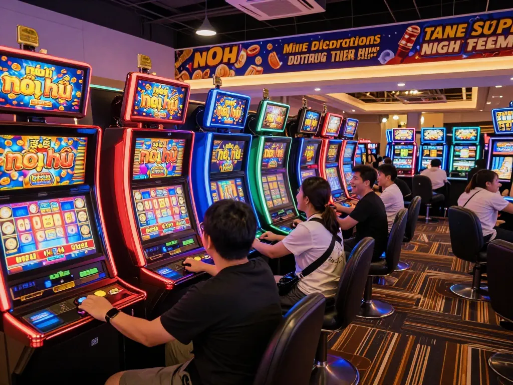 Nổ hũ slot machines light up the casino, with players eagerly hitting the spin button.