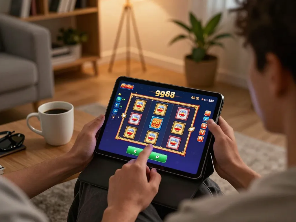Engaging in gg88 slot gameplay on a tablet in a cozy home setting with a warm atmosphere.