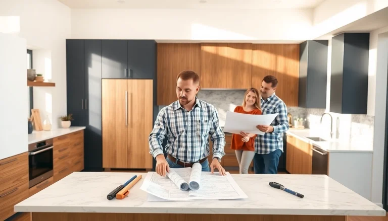 Custom home renovation contractor Austin collaborating with homeowners in a modern kitchen.