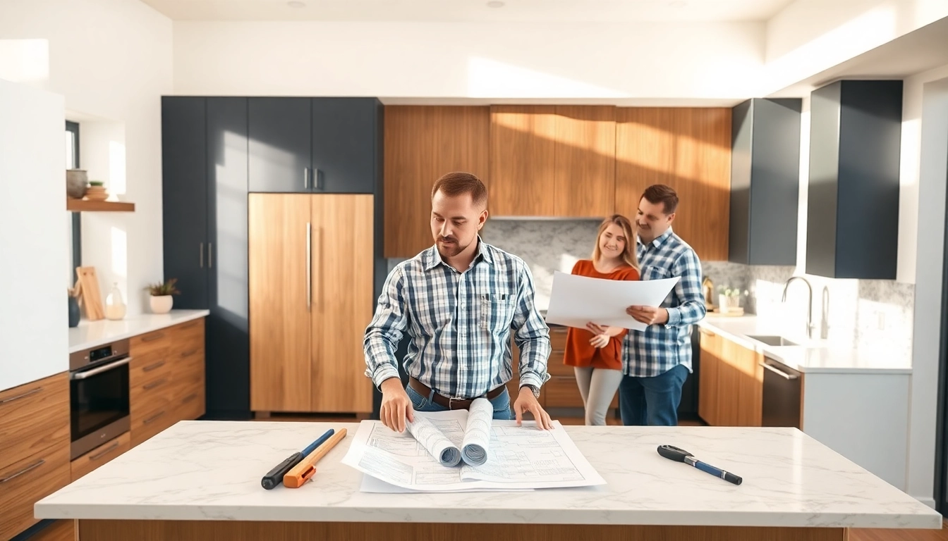 Custom home renovation contractor Austin collaborating with homeowners in a modern kitchen.