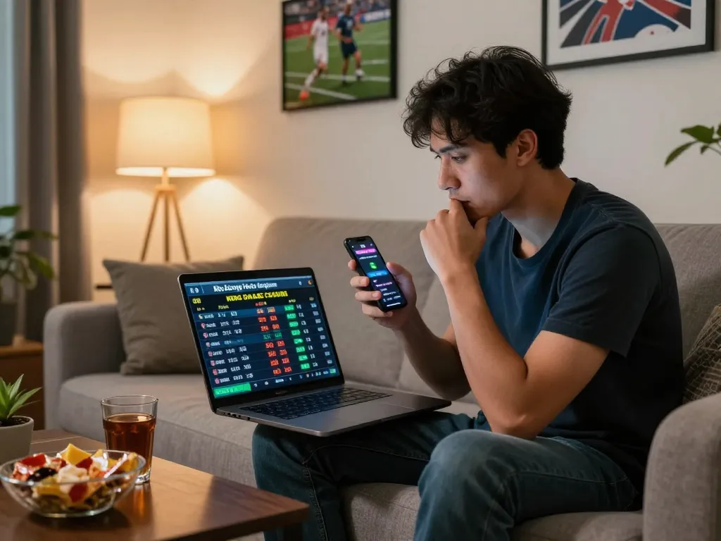 Engaging in kèo bóng đá trực tuyến sports betting at home with laptop and smartphone.
