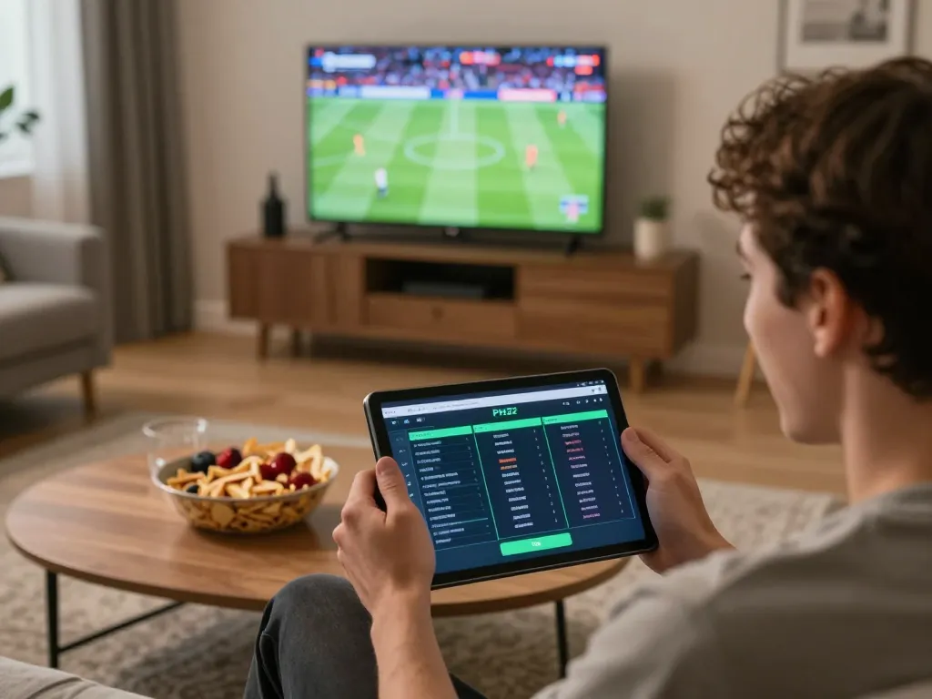 Excited user engaging in sports betting on PH22 tablet while watching live events