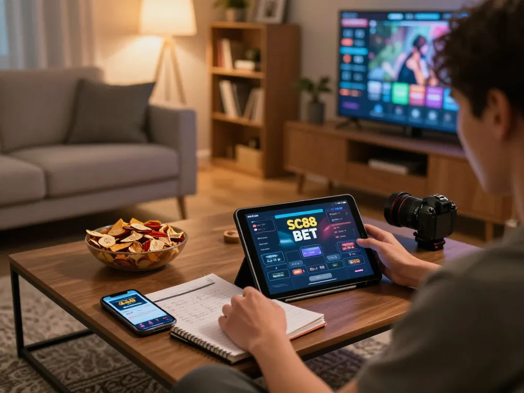 Player engaging with the SC88 BET online casino platform on a tablet in a cozy living room.