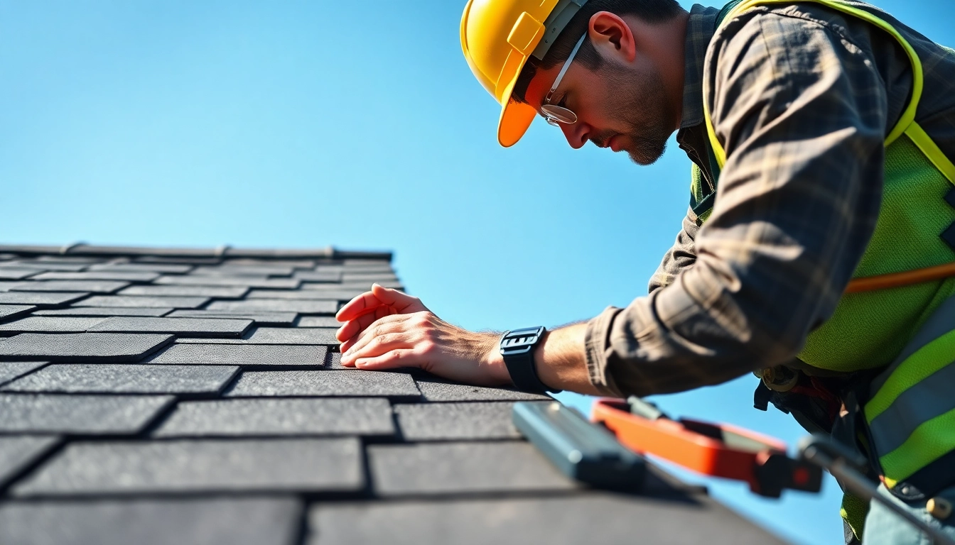 Top roofing contractor San Ramon inspecting shingles on a sunny day in a professional setting.