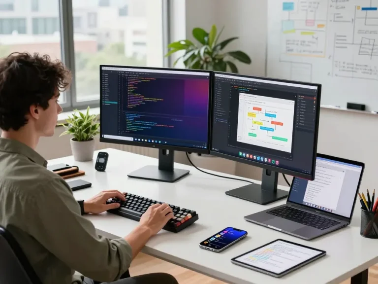 Developer using mind control techniques at a modern workspace with code on screens and natural lighting.