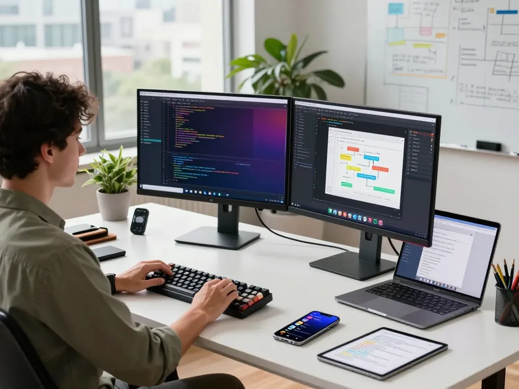 Developer using mind control techniques at a modern workspace with code on screens and natural lighting.